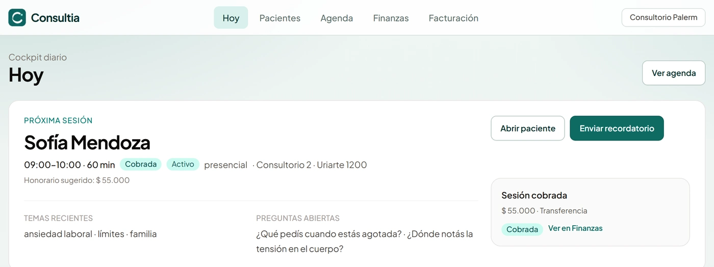 Vista Hoy — próxima sesión y cockpit